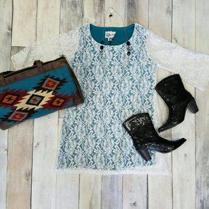 Stretch Turquoise Dress with White Lace Overlay